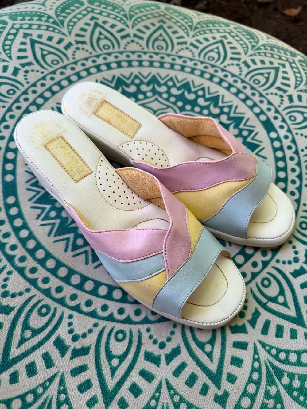 Walkables Vintage Pastel Colorblock Wedge Sandals Slip On Open Toe Size 8W
